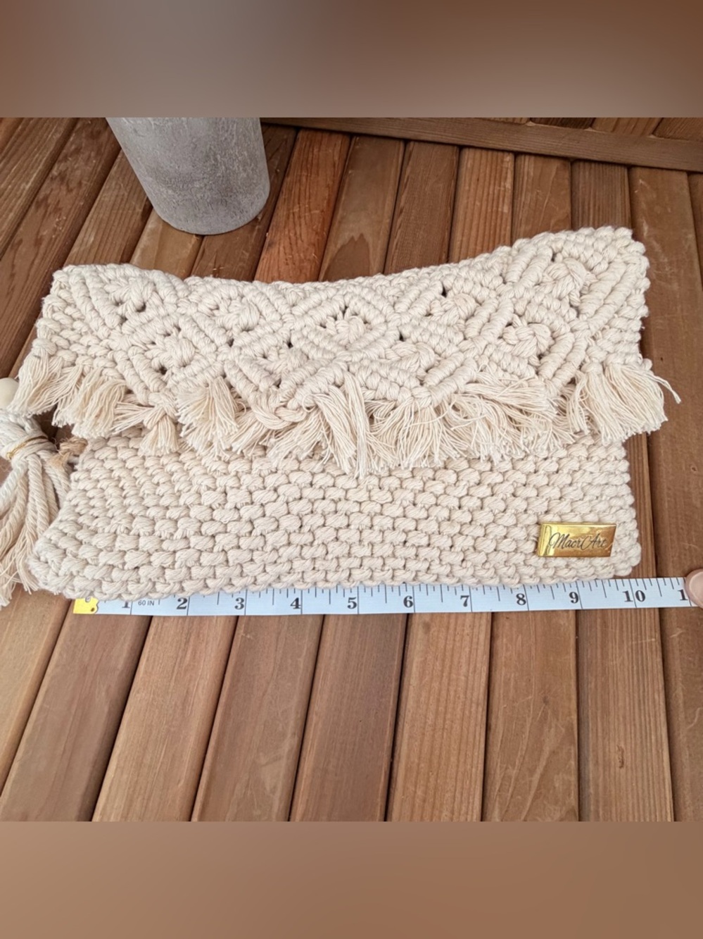 Boho Macrame Clutch Cream Tassel Fringe Woven Crossbody Handmade Style - Picture 10 of 10